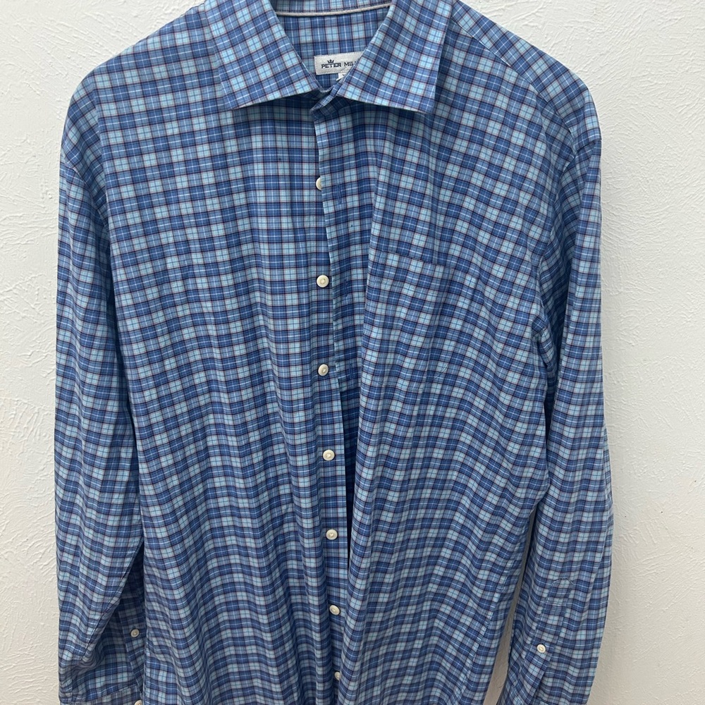 Peter Millar Blue Checkered Button Down Shirt